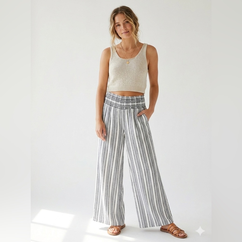 Rewash Linen Blend Wide Leg Striped Pants Small Smocked Waist Boho Cottagecore